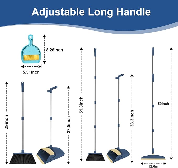 Broom and Dustpan Combo Set, 51" Long Handle with Squeegee & Mini Set | Blue Complete Cleaning Kit, Floor Squeegee for Wet & Dry Messes, Built-in Comb Dustpan, Mini Broom Set，for Home & Pet Areas