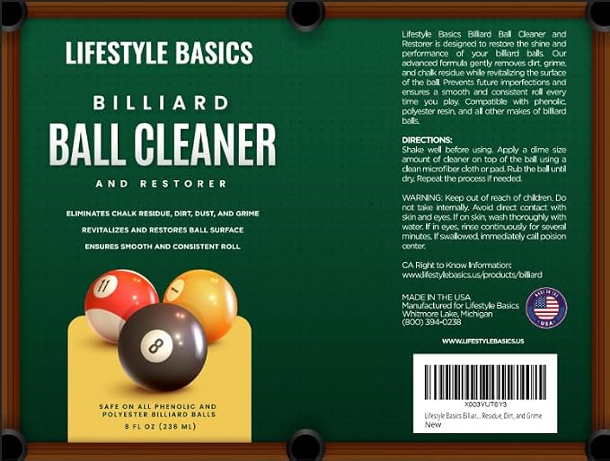 Lifestyle Basics Billiard Ball Cleaner and Restorer Polish | All-in-One Pool Ball Cleaner | Removes Chalk Residue, Dust, Dirt, and Grime