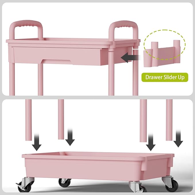 5 Tier Rolling Cart Organizer,Bathroom Cart Organizers with Wheels Laundry Room Organization Mobile Shelving Unit Utility Cart Storage Shelves Multi-Functional for Office, Home(Pink)