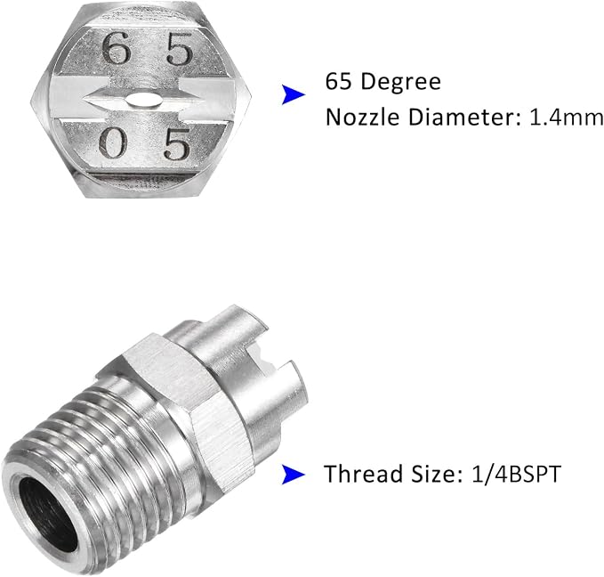 M METERXITY 5-Pack Flat Fan Spray Tip, 65 Degree 1/4BSPT Male Stainless Steel Pressure Washer Nozzles Cleaner Nozzle Replacement W Sealing Tape for Water Guns (1.4mm Orifice)