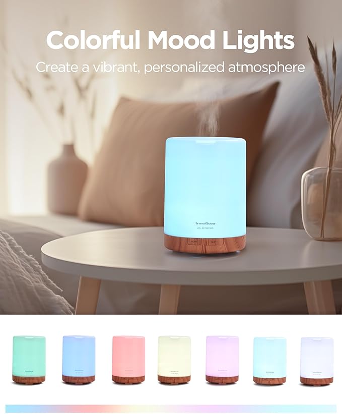 InnoGear 300ml Essential Oil Diffuser for Home Scent Humidifier, Yellow | Aromatherapy, Cool Mist Humidifier, Ultrasonic, Large Room, Run up to 10hrs, Waterless Auto Off, 7 LED Lights, Quiet