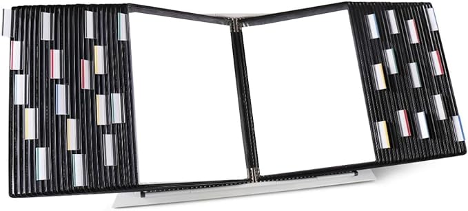 Tarifold Desktop Reference Display System, 50 Pockets, Expandable, Black | 50 double-sided PVC pockets, holds 100 letter-size sheets, sturdy metal base, quick-find indexing, quick and easy to assemble
