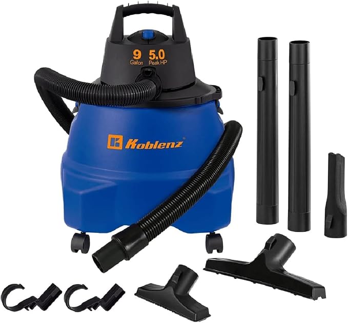 Koblenz WD-9 L212 Wet Dry Vacuum Cleaner, 9 Gallon, 5.0 PHP | 3-in-1 Suction & Blower, Big Vacuum Cleaners for Home, Heavy Duty Shop Vac, CLICK-N-LOCK Hose, Swivel Casters, Black/Blue