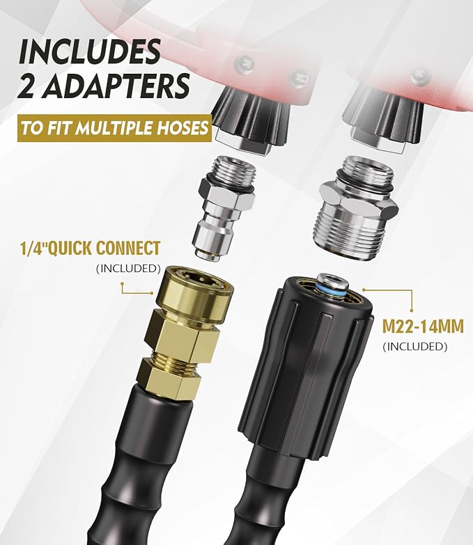 Pressure Washer Gun and Hose Kit, 4800PSI Steel-Braided & Durable - Flexible & Kink-Resistant Power Washer Hose 100 FT with 3/8" Swivel Quick Connector and M22 14mm Adapters Replacement