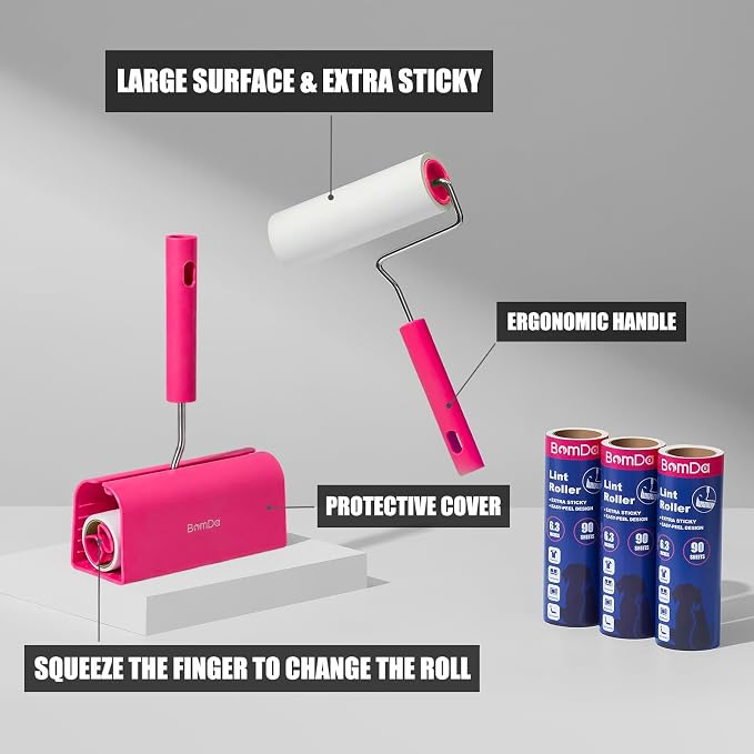 Extra Sticky Large Surface Lint Roller, 6.3''Wide Roller for Pet Hair | Long Handle Lint Remover for Couch, Furniture, Clothes, Dog & Cat Hair Remover (1 Roller+270 Sheets(Pink))