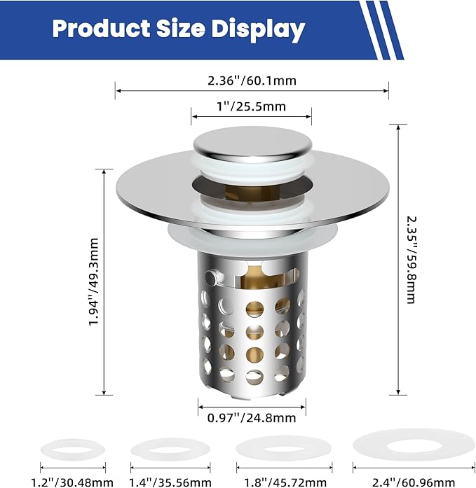 4PCS Universal Bathroom Sink Drain Strainer Hair Catcher, Chrome | Upgraded with Removable Stainless Steel Filter Basket, 3 in 1 Pop Up Sink Stopper for 1.1''~2.36'' Sink Basin Hole