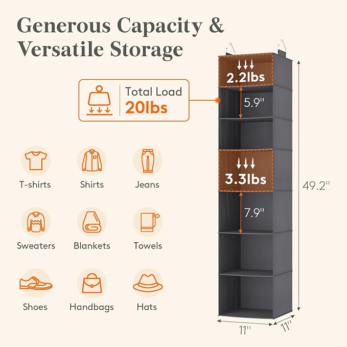 Lifewit 7 Tier Hanging Portable Closet Storage Organizer for Shelves, Black | Foldable Clothes Shelf with 2 Sturdy Hooks, Sweater/Coat/Shoes Clothing Organization for Wardrobe, Dorm, Bedroom