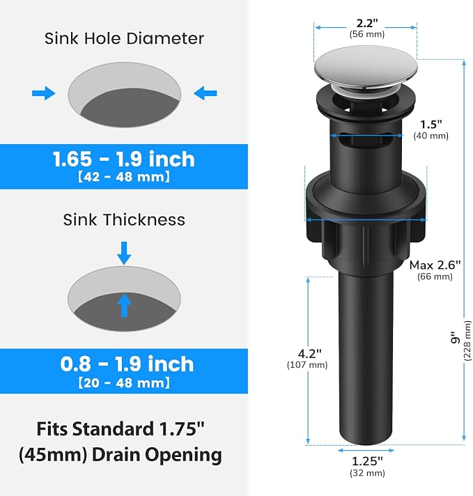 Bathroom Sink Drain with Overflow with Hair Catcher Anti-Clog Sink Strainer | Hurran Bathroom Sink Stopper for 1.65-1.9" Hole, Rapid Draining Plastic Pop-up Drain for Bathroom Vanity Vessel Sink, Chrome