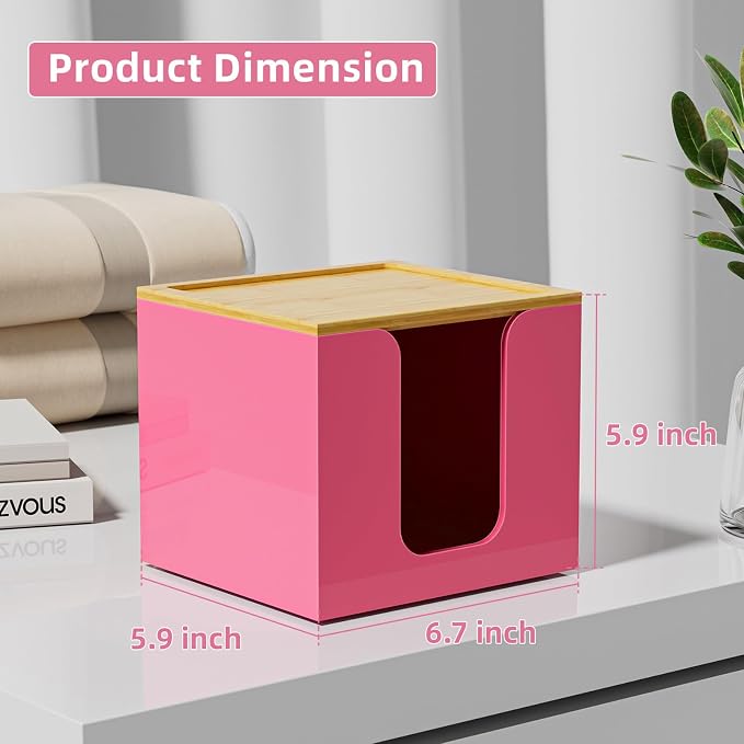 VITVITI Disposable Face Towel Holder for Clean Skin Club, Acrylic Box Pink | 50 XL Face Towels Holder Container, Facial Towel Storage with Bamboo Lid, for Bathroom, Vanity Makeup