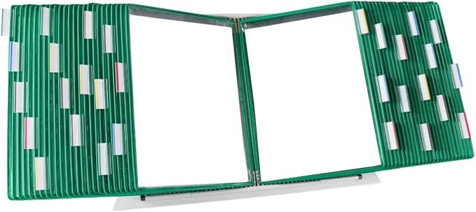 Tarifold Desktop Reference Display System, 50 Pockets, Expandable, Green | 50 double-sided PVC pockets, holds 100 letter-size sheets, sturdy metal base, quick-find indexing, quick and easy to assemble