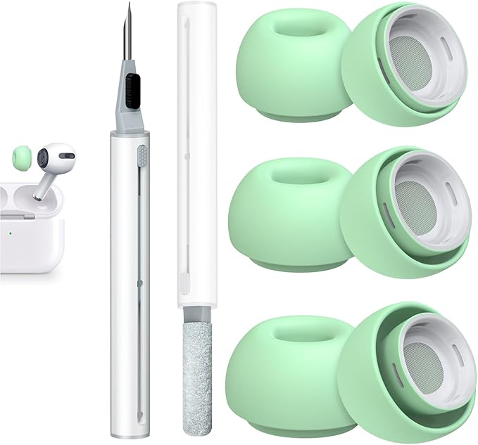 3 Pairs Replacement Ear Tips for AirPods Pro 2nd & 1st(S/M/L, Mint Green) | with Noise Reduction Hole, Silicone Ear Tips with Cleaning Pen & Portable Storage Box, Fit in the Charging Case