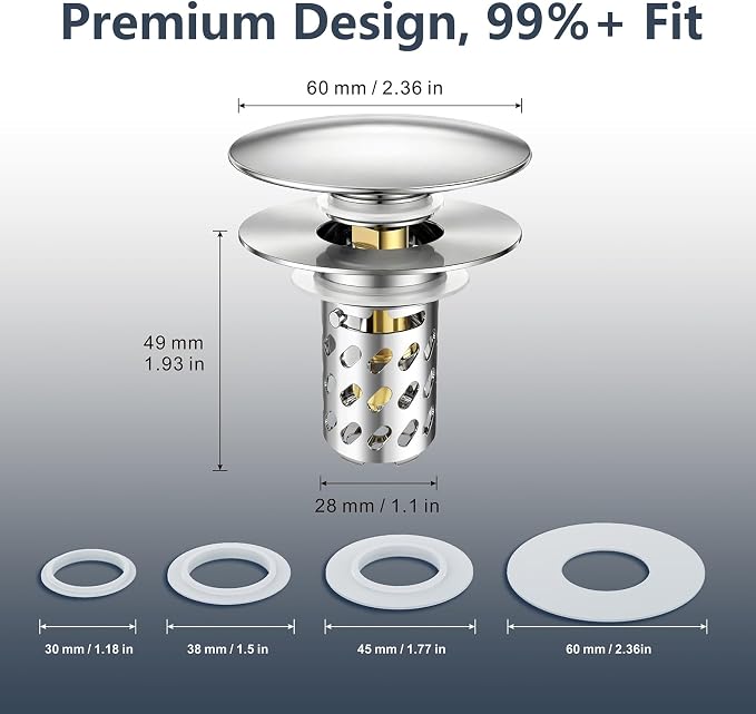 Bathroom Sink Stopper Pop-Up Sink Drain Strainer Hair Catcher | Universal 1.1"-2.17" Drains, Brass Core & Stainless Steel Mesh, Hair Catcher 2 in 1 bathroom Sink Stopper Strainer