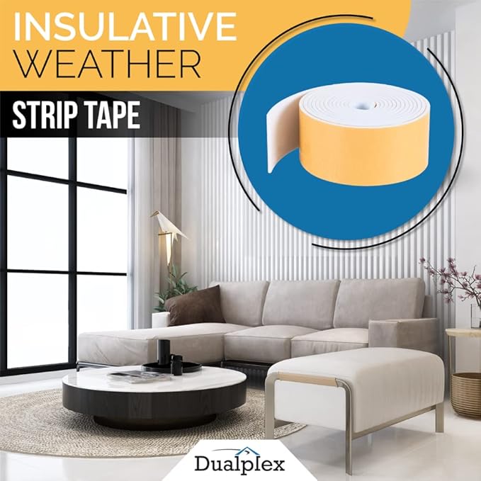 High Density Foam Weather Stripping Door Seal Strip Insulation Tape Roll for Insulating Door Frame, Window, Air Conditioner | Self Adhesive Sealing Weatherstrip (4 in x 1/4 in x 10 Ft, White)