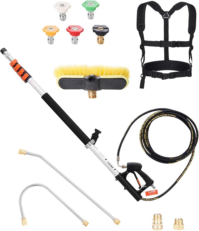 VEVOR Pressure Washer Telescoping Wand, 18 ft, 4000 psi, Telescopic Spray Wand with Power Washer Extension Wands, Gutter Cleaner, Brush Head, 5 Spray Nozzle Tips, Adapter and Adjustable Support Belt