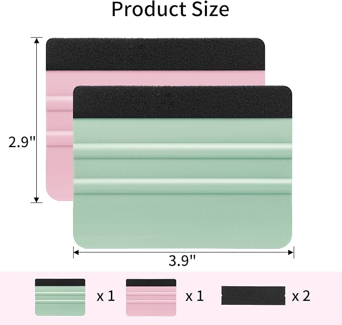 2 Pcs Felt Edge Squeegee 4 Inch Teal and Pink | Extra 2 Felt Replacements, Non Slip Plastic 4 Inch Squeegee, Scratch Free Bubble Elimination, for Car Wrap Window