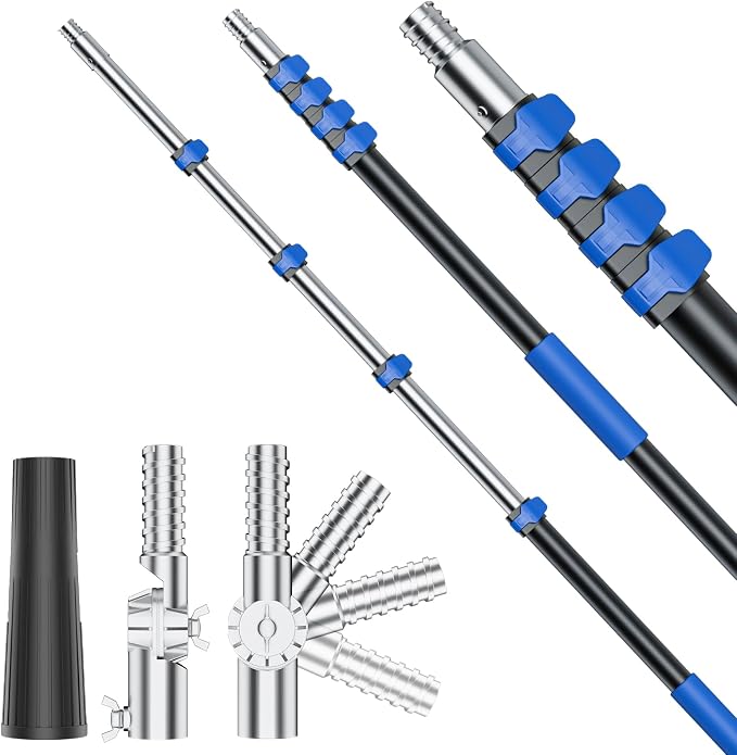 Telescoping Pole, 5-20 Ft with Joint Angle & Squeegee Adaptor, Aluminum Telescopic Paint Roller Extension Pole & Extendable Pole, Anti-Slip Foam Grip, Multi-Purpose Gutter Window Dust Cleaning Pole