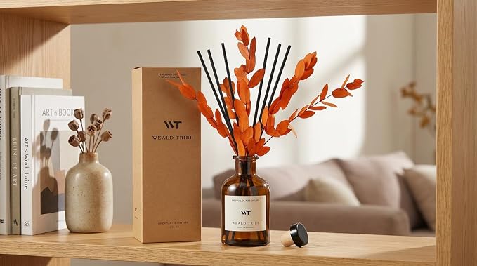 Reed Diffuser Set for Bathroom Air Fresheners, Oil Diffuser Sticks | Sandalwood & Ebony Scent 4.0 fl oz Home Fragrance with Sticks Defusers | House Bedroom Office Shelf Decor