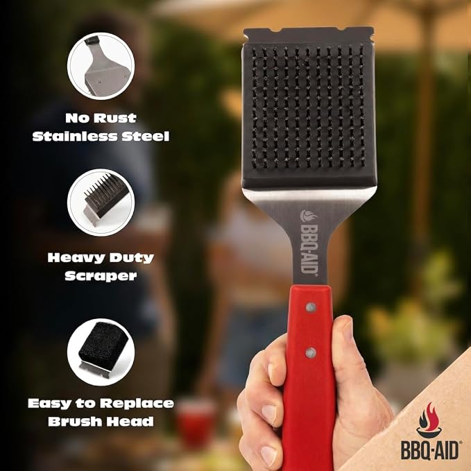 BBQ Grill Brush for Outdoor Grill Cleaner and Scraper, Replaceable Head | Barbecue Grill Cleaning Brush with No-Scratch Stainless Steel Bristles and Extended Red Handle, Safe for Any Grill Grate