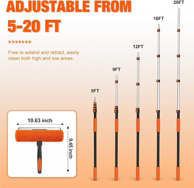 26FT Window Squeegee with Extension Pole, 2-in-1 Squeegee for Window Cleaning, Professional Cleaning Kit for Home with 20FT Telescoping Pole for Outdoor Indoor Use