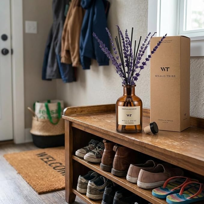 Reed Diffuser Set for Bathroom Air Fresheners Decor | Pure Lavender Scent Oil Diffuser With Flower, 4.0 fl oz Home Fragrance With Sticks Defusers | House Office Shelf Decor