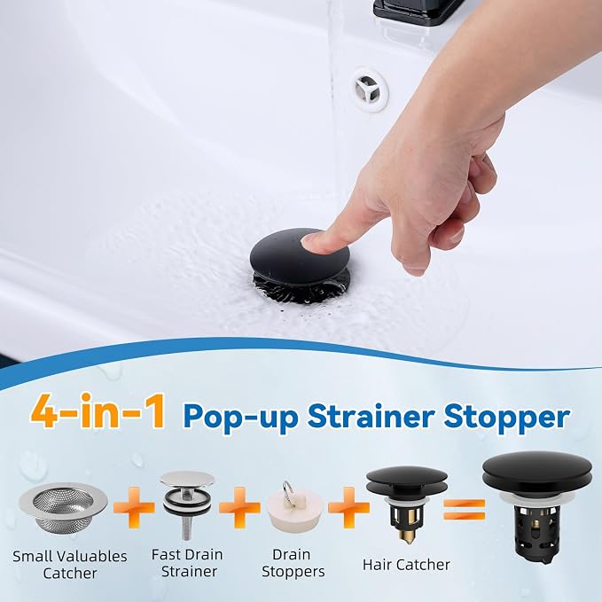 Universal Metal Bathroom Sink Stopper, Pop-Up Hair Catcher Strainer, Black | Large Cover Cap, Sink Drain Strainer with Detachable Double Filter, Drain Plug Fits 1.1"-2.36" US Basin, Brass Bounce Core