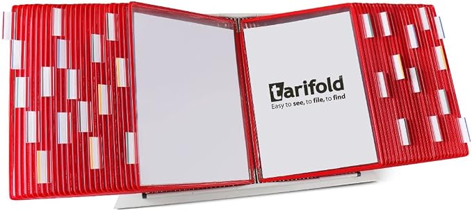 Tarifold Desktop Reference Display System, 50 Pockets, Expandable, Red | 50 double-sided PVC pockets, holds 100 letter-size sheets, sturdy metal base, quick-find indexing, quick and easy to assemble