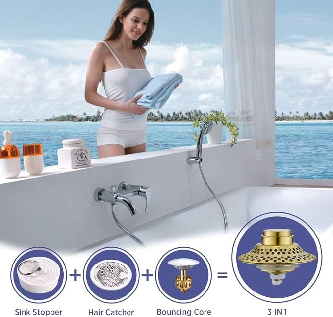 Bathtub Drain Stopper with Removable Hair Catcher, 3-in-1 Pop-up Drain Plug Fits 1.38 to 1.8 Inch Holes, Upgrade Shower Drain Cover with Stainless Steel Filter