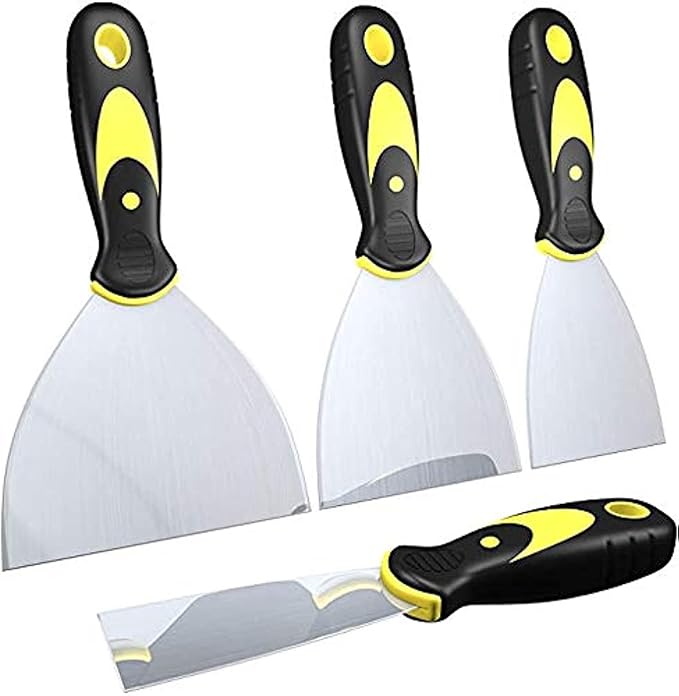 DEKEones Putty Knife Scrapers, Spackle Knife, Metal Scraper Tool for Drywall Finishing, Plaster Scraping, Decals, and Wallpaper (4 Pack, 5”, 4”, 3”, 1.5” Wide)