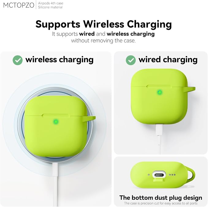 for AirPods 4 Case 2024 with Cleaner Kit & Keychain-Neon Green | Silicone Protective Cover for Apple AirPods 4th Generation Case,for Women Men,One-Piece Design,Shockproof,Dust Proof