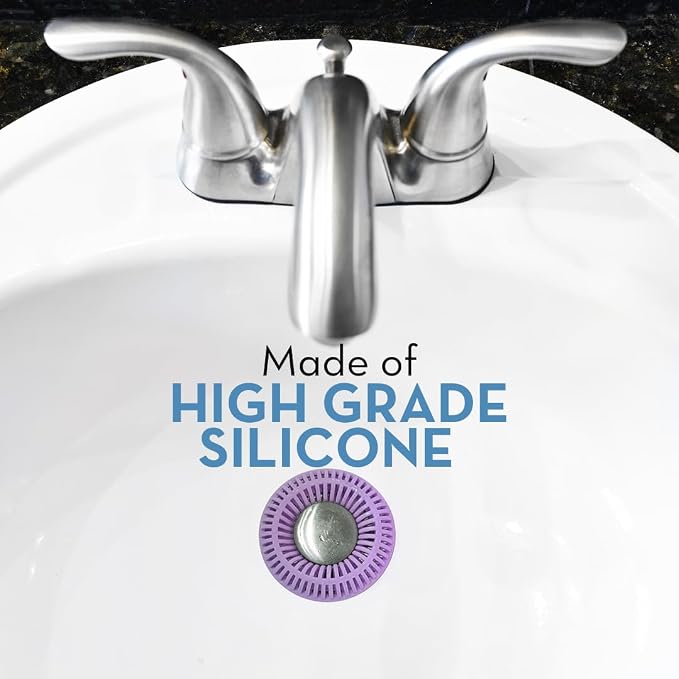 SinkRing Bathroom Sink Drain Protector & Strainer for Sink Stoppers, Violet | Easy snap-in design. Precision clog-free trap prevents loss of earrings, jewelry or contacts. Fits 1.37" - 1.57" stoppers.