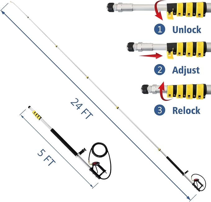JANZ 24 FT Pressure Washer Telescoping Wand with Power Washer Extension Wands, Brush Head, Gutter Cleaner, 7 Spray Nozzle Tips, 2 Hose Adapters and Support Belt TW-004 | Gutter Cleaner Attachment, 7 Spray Nozzle Tips, 2 Hose Inlet Adapters, Pivoting Co...