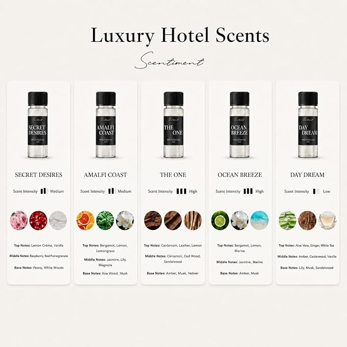 Scentiment Luxury Hotel Scents - 5 Diffuser Oil Set - 5 x 0.68 fl oz(20 mL) | Secret Desires, Day Dream, The One, Ocean Breeze & Amalfi Coast - Fresh Floral, Woody & Citrus Scents Home Fragrance Oils