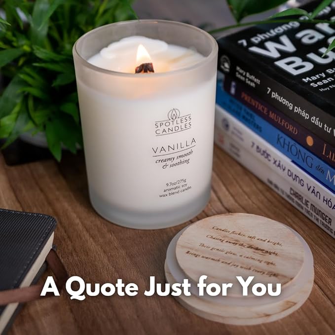 Vanilla Candle - 9.7 oz /275g Vanilla Scented Candle in Cream Frosted Glass Jar with Wooden Lid and Wooden Crackling Wick in a Luxurious Gift Box - Creamy, Smooth and Soothing