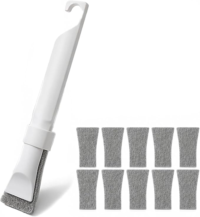 Crevice Cleaning Brush with 10 Replacement Scouring Pads, Deep Detail Scrubbing Tool for Window Track, Sliding Door Rail, Tile Grout, Shower