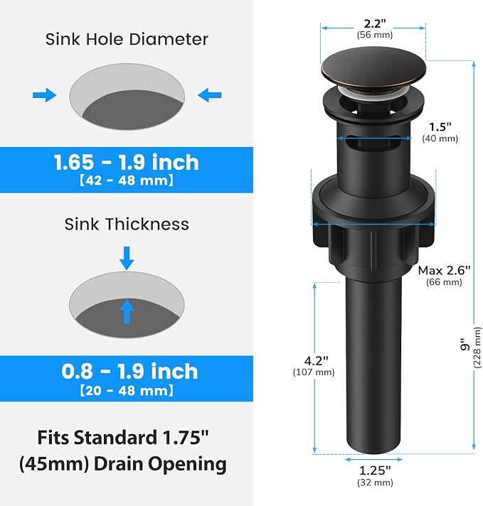 Bathroom Sink Drain with Overflow with Hair Catcher Anti-Clog Sink Strainer | Hurran Bathroom Sink Stopper for 1.75" Hole, Plastic Pop-up Drain for Bathroom Vanity Vessel Sink, Oil Rubbed Bronze, 2 Pack