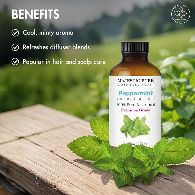Majestic Pure Peppermint Essential Oil for Diffuser - 3.4 Fl Oz | 100% Pure & Natural Essentials Oils for aromatherapy, massage blends and DIY home fragrance projects, Massage and room sprays