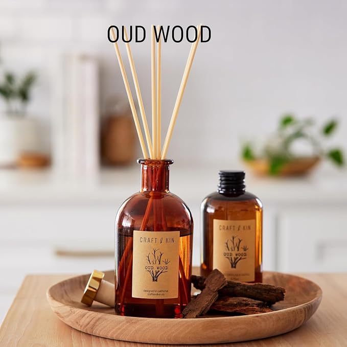 Craft & Kin Oud Wood Reed Diffuser – 5.75 oz Essential Oil Diffuser for Home & Bathroom – Up to 120-Day Fragrance with 8 Rattan Scent Sticks – Amber Glass Room Decor