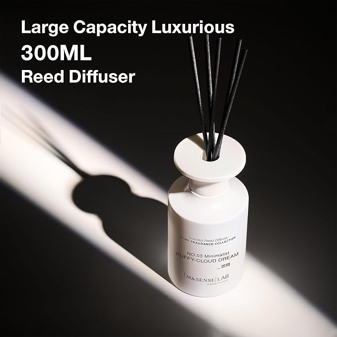 M&SENSE Minimalist Large Reed Diffuser 300ml, Puffy Cloud Dream Scented with Natural Essential Oils, Long Lasting with 7 Sticks, Non-Toxic Home Fragrance for Bedroom, Bathroom Decor