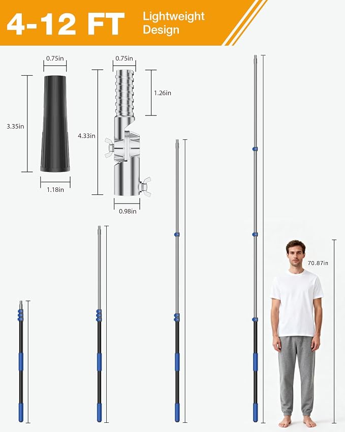 Telescoping Pole, 4-12 Ft with Joint Angle & Squeegee Adaptor, Aluminum Telescopic Paint Roller Extension Pole & Extendable Pole, Anti-Slip Foam Grip, Multi-Purpose Gutter Window Dust Cleaning Pole