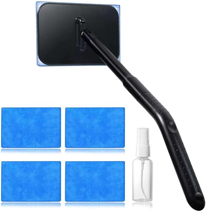 Windshield Cleaner Tool, Windshield Cleaning Wand Auto Window Cleaner Kit with Detachable Handle, 4 Microfiber Velcro Stick Pads and 1 Spray Bottle, Glass Wiper Kit for Windshield,Trucks,SUVs,RVs,Home