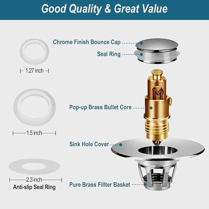 Universal Bathroom Sink Stopper - Upgraded Pop up Drain Strainer with Hair Catcher, Fits 1.1-1.5 Inch U.S. Standard Drain Holes - Anti-Clogging Filter - Pure Brass Construction