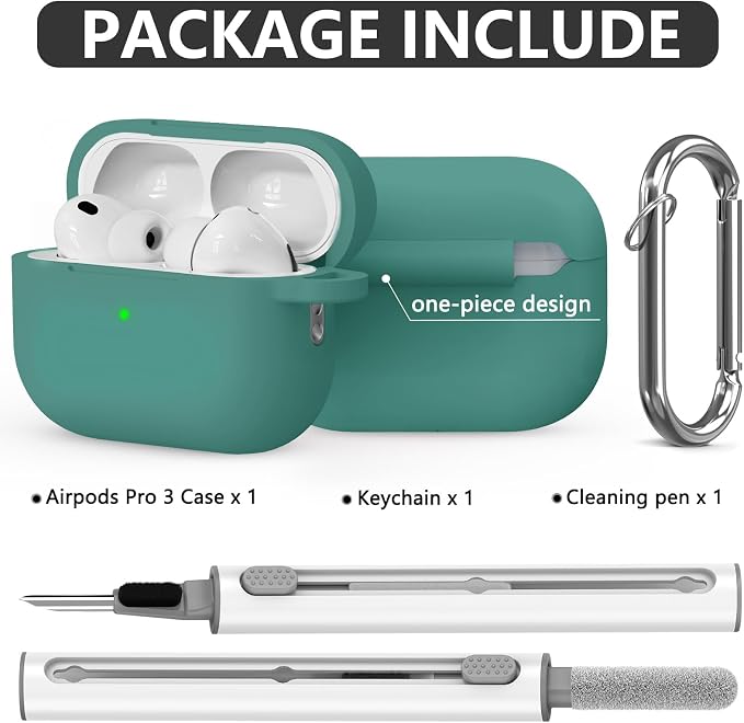 Ljusmicker for AirPods Pro 3 Case 2025 with Cleaner Kit,Pine Green | Soft Silicone Protective Cover for Apple AirPod Pro 3rd Generation Case with Keychain for Women Men,Shockproof