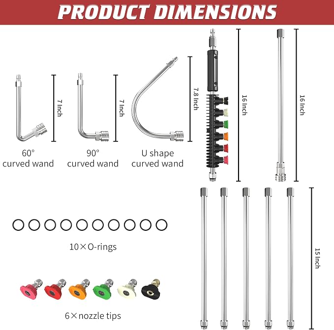 Pressure Washer Extension Wand 10 Pack, 4000PSI with 6 Nozzle Tips | Power Washer Lance, 1/4" Quick Connect Gutter Cleaning Tools, Stainless Steel Pressure Washer Wand Replacement
