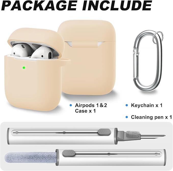for AirPods Case Cover, Come with Cleaner Kit, Soft Silicone Protective Cover with Buckle, Compatible with Apple AirPods 2nd 1st Generation Charging Case, Front LED Visible, Cream Colored