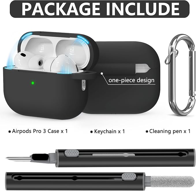 Ljusmicker for AirPods Pro 3 Case 2025 with Cleaner Kit,Magnetic Black | Soft Silicone Protective Cover for Apple AirPod Pro 3rd Generation Case with Keychain for Women Men,Shockproof,Magnetic
