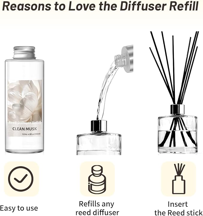 STRN Reed Diffuser Oil Refill, Clean Musk Scented Diffuser with Stick 200ML | Summer Long-Lasting Fragrance for Living Room, Bedroom, Office, Home Décor