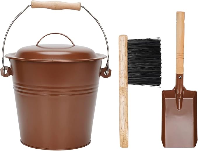 Mini Ash Bucket with Lid, Fireplace Ash Bucket - Copper | 1.5-Gallon Ash Bucket With Lid and Shovel and Hand Broom, Metal Ash Bucket for Fireplace, Fire Pit, Wood Stove