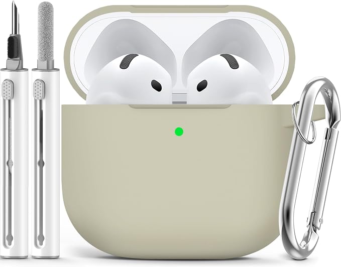 Ljusmicker for AirPods 4 Case 2024 with Cleaner Kit,Soft Silicone Protective Cover for Apple AirPods 4th Generation Cases for Women Men,for AirPod 4 Case Accessories with Keychain-Khaki