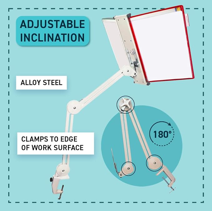 Tarifold Swing Arm Reference Display System, 10 Pockets, Assorted Colors | Adjustable swing arm with table clamp, 360-degree swivel design, 10 double-sided pockets, holds 20 letter-size sheets