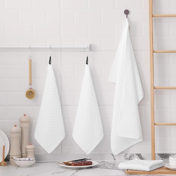 Fintale 100% Cotton Kitchen Towels and Dishcloths Set, 12 x 12 & 15 x 25 Inches, Set of 10 Bulk Super Soft and Absorbent Terry Cloth Dish Towels, Quick Drying Hand Towels with Hanging Loop, White
